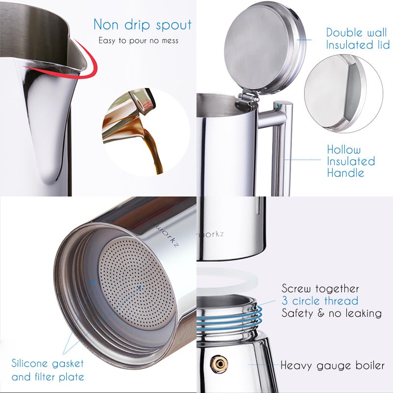Easyworkz Diego Stovetop Espresso Maker Stainless Steel Italian Coffee Machine Maker 6Cup 10 oz Moka Pot Induction Espresso Pot - Image 4